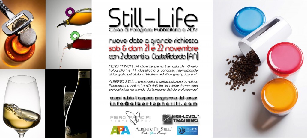 Locandina Corso Fotografia Still-life Commerciale ADV con Piero Principi e Alberto Still a Castelfidardo Ancona