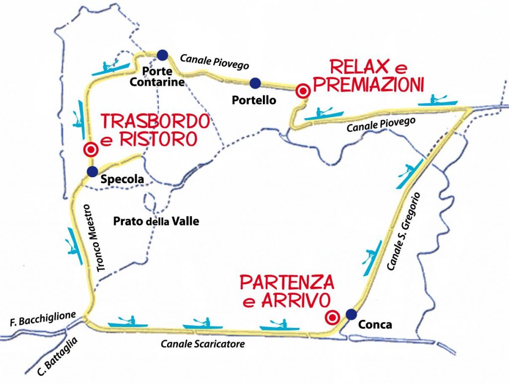 mappa del percorso delle canoe di Padova in voga 2015 