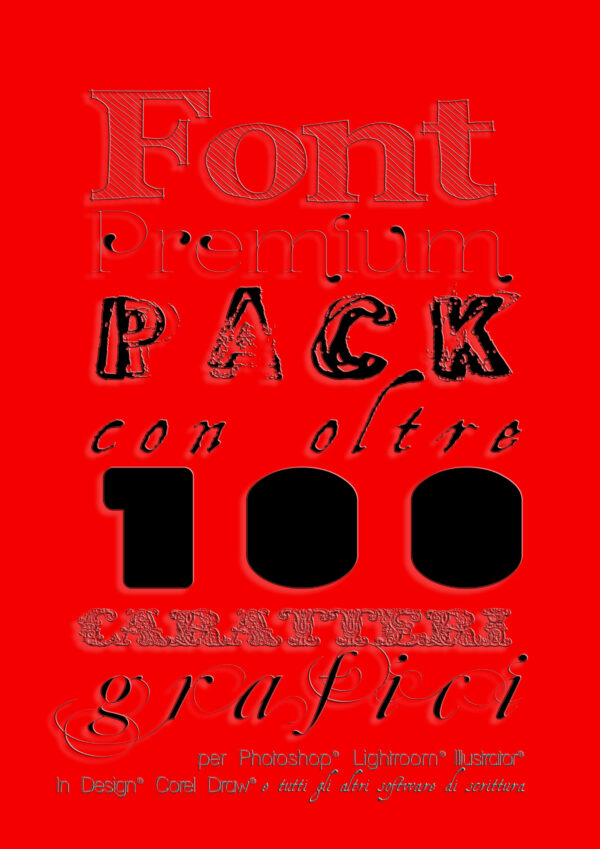 Font Premium Pack: libreria con oltre 100 font/caratteri grafici per rendere più belle le tue impaginazioni con Photoshop® e con tutti gli altri programmi di grafica che utilizzano testi. Puoi usare questi font con Photoshop®, Lightroom®, Illustrator®, InDesign®, Corel Draw®, e anche con Word®, Excel®, Windows® Office®, e Open Office®!