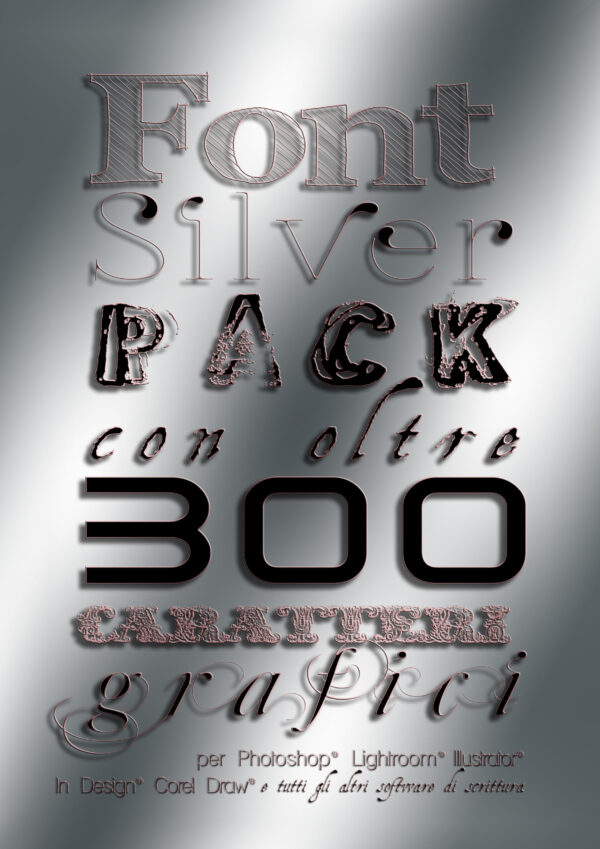 Font Silver Pack: libreria con oltre 300 font/caratteri grafici per rendere più belle le tue impaginazioni con Photoshop® e con tutti gli altri programmi di grafica che utilizzano testi. Puoi usare questi font con Photoshop®, Lightroom®, Illustrator®, InDesign®, Corel Draw®, e anche con Word®, Excel®, Windows® Office®, e Open Office®!