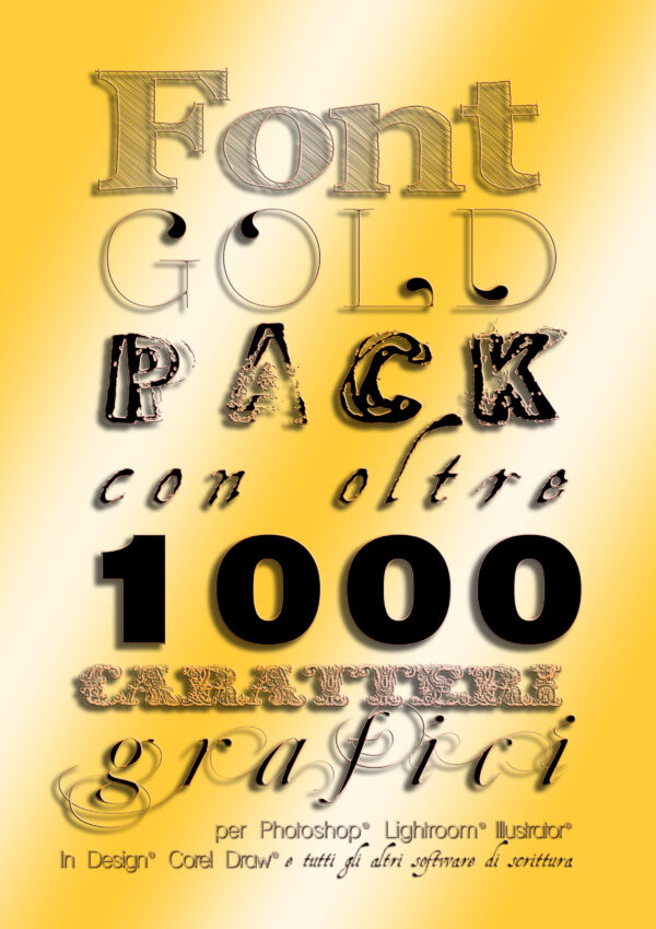 Font Gold Pack: libreria con oltre 1000 font/caratteri grafici per rendere più belle le tue impaginazioni con Photoshop® e con tutti gli altri programmi di grafica che utilizzano testi. Puoi usare questi font con Photoshop®, Lightroom®, Illustrator®, InDesign®, Corel Draw®, e anche con Word®, Excel®, Windows® Office®, e Open Office®!
