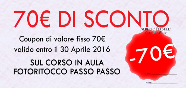 Buono sconto di 70€ per l'eventuale iscrizione al corso dal vivo Fotoritocco Passo Passo di 2 mesi in aula